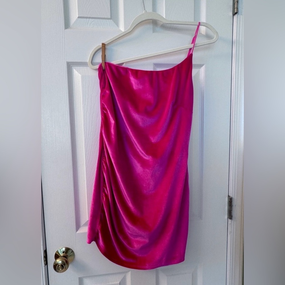 Vibrant Pink Velvet One Shoulder Dress